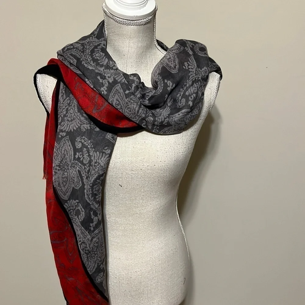 Scarf, gray and red. 20” x 80”. New
